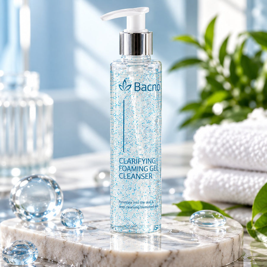 Bacno Clarifying Foaming Gel Cleanser in a clear pump bottle