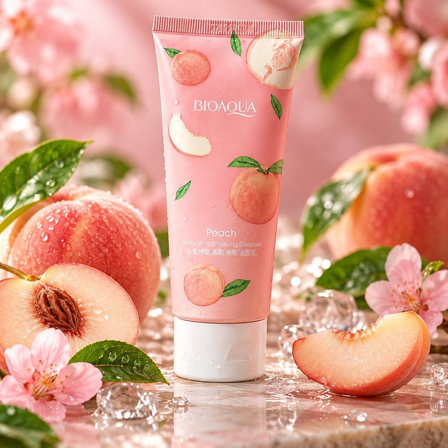Bioaqua Peach Amino Acid Clarifying Cleanser pink tube with peach illustrations and white cap
