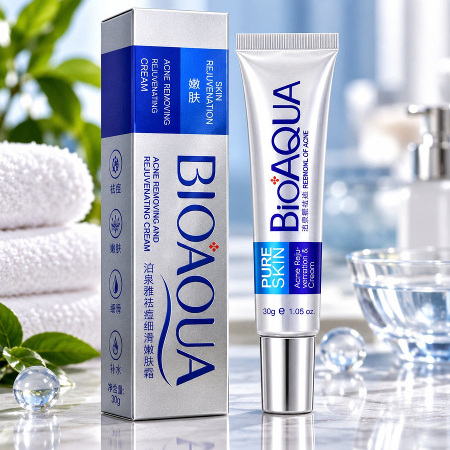 Bioaqua Pure Skin Acne Removing Cream 30g white and blue tube with matching box