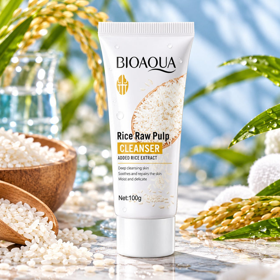 Bioaqua Rice Raw Pulp Cleanser 100g white tube with rice illustration