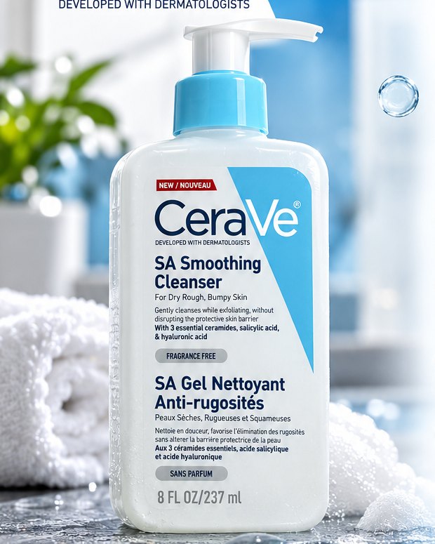 CeraVe SA Smoothing Cleanser 237ml white bottle with blue and white pump