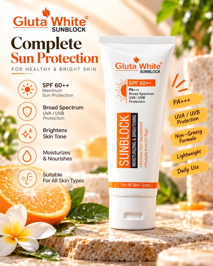 Gluta White Sunblock SPF 60++ PA+++ white tube with orange detailing