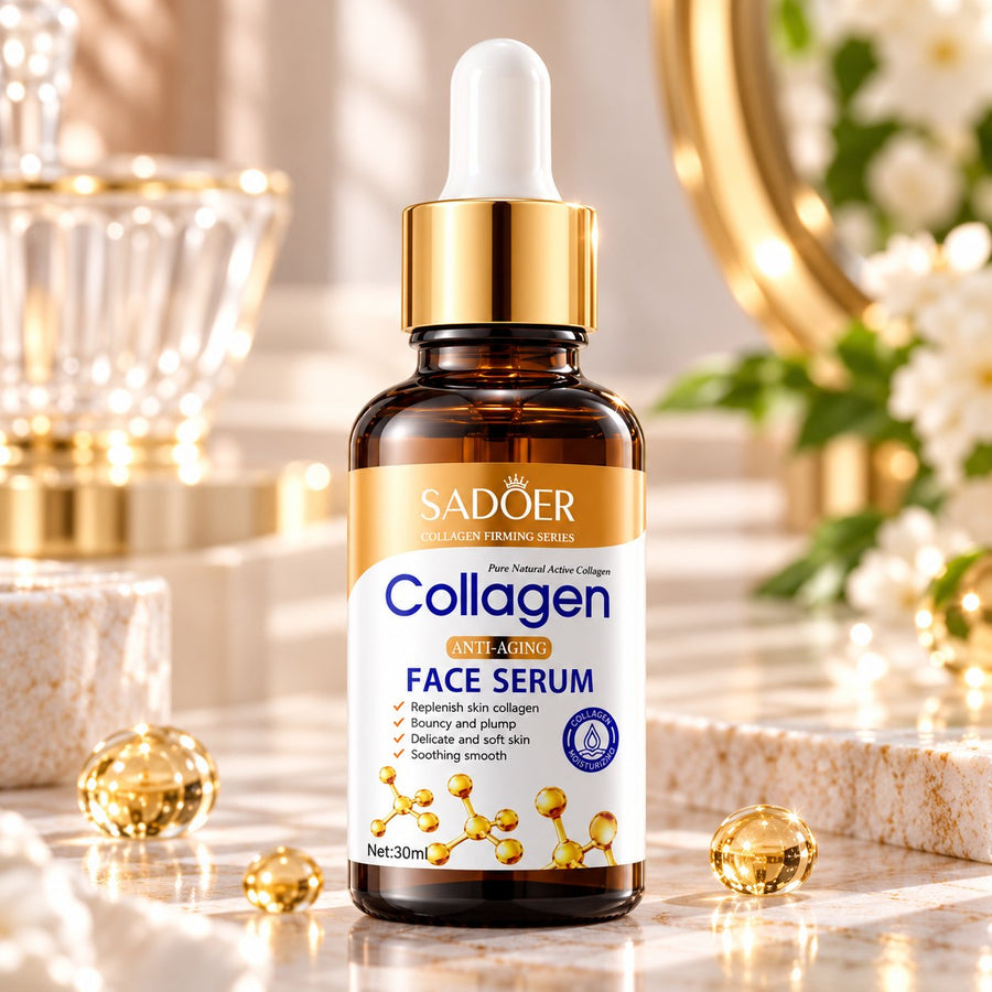 Sadoer Collagen Anti-Aging Face Serum 30ml amber bottle with white dropper and gold-coloured collar
