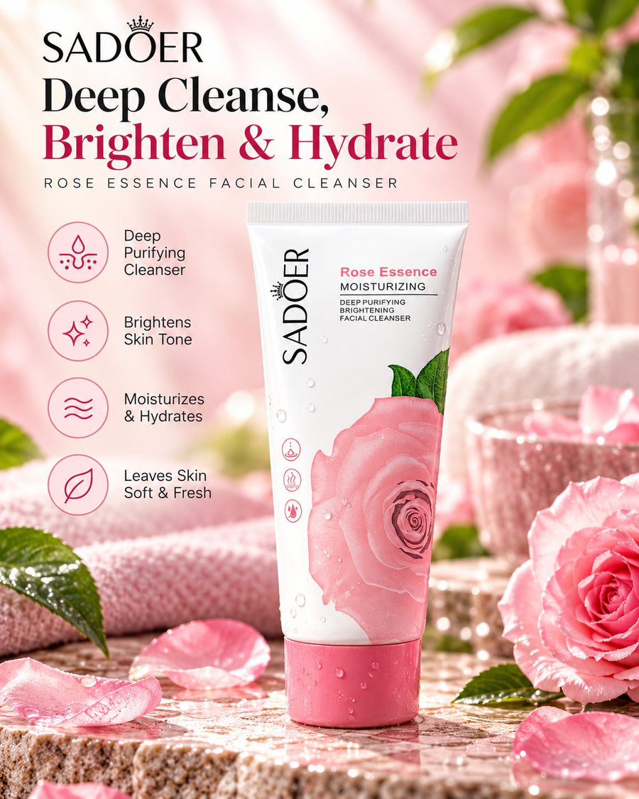 Sadoer Rose Essence Facial Cleanser white tube with pink rose design and pink cap