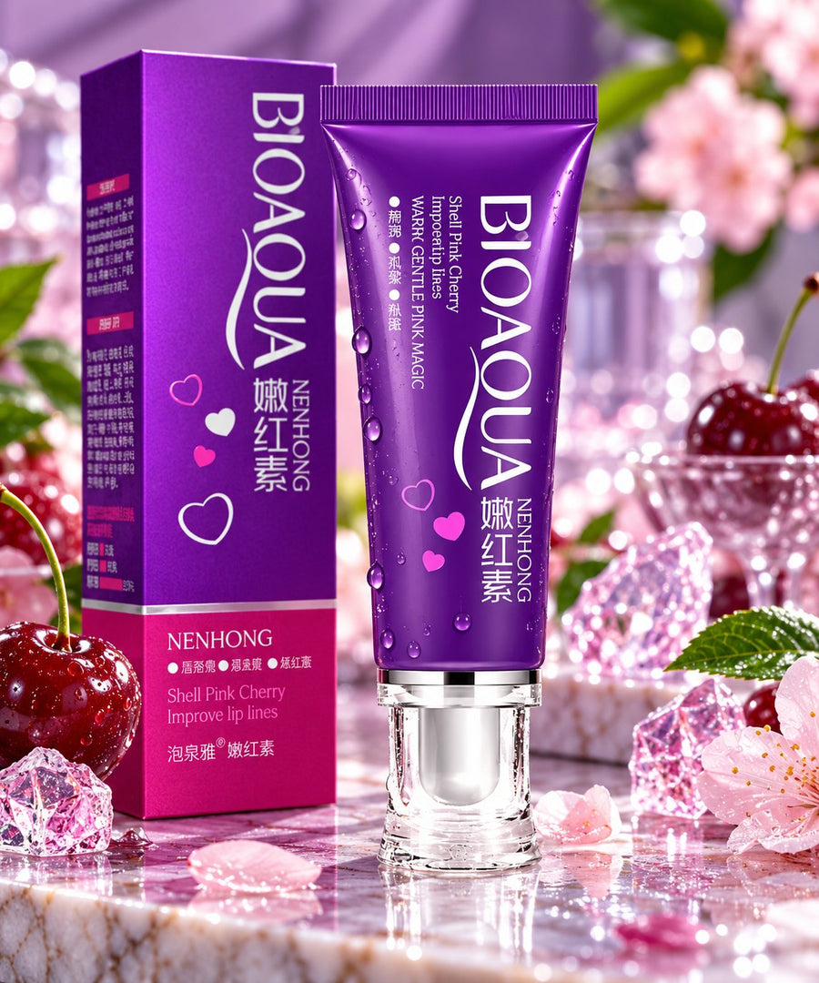 Bioaqua Nenhong Shell Pink Cherry lip care cream purple tube and matching box