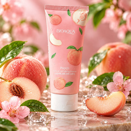 Bioaqua Peach Amino Acid Clarifying Cleanser pink tube with peach illustrations and white cap