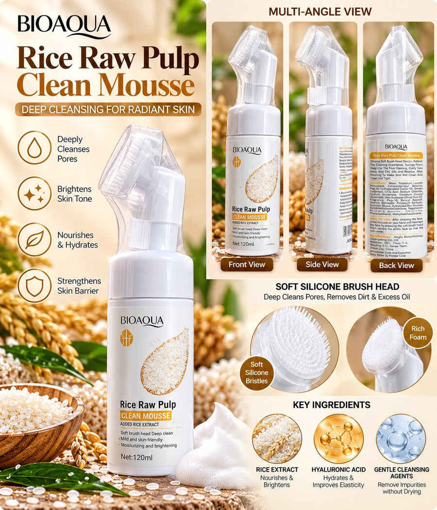Bioaqua Rice Raw Pulp Clean Mousse 120ml with silicone brush head, product views and details