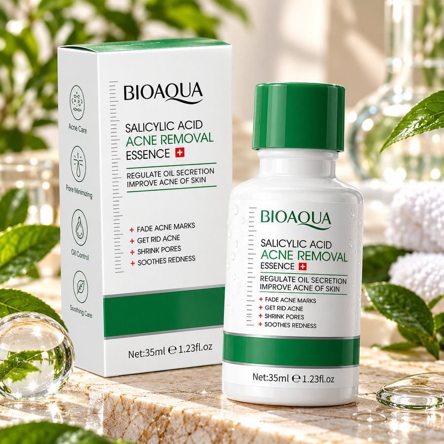 Bioaqua Salicylic Acid Acne Removal Essence 35ml white bottle with green cap and matching box