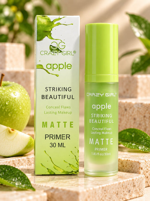 Crazy Girl Apple Matte Primer 30ml green bottle and matching apple-themed box