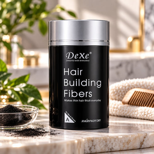 Dexe Hair Building Fibers black container with silver-coloured cap