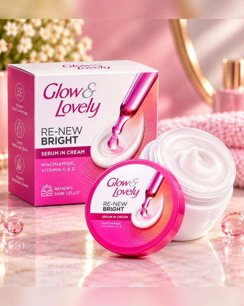 Glow & Lovely Re-New Bright Serum in Cream white jar with pink lid and matching box