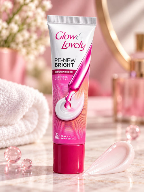 Glow & Lovely Re-New Bright Serum in Cream white and pink tube with pink cap