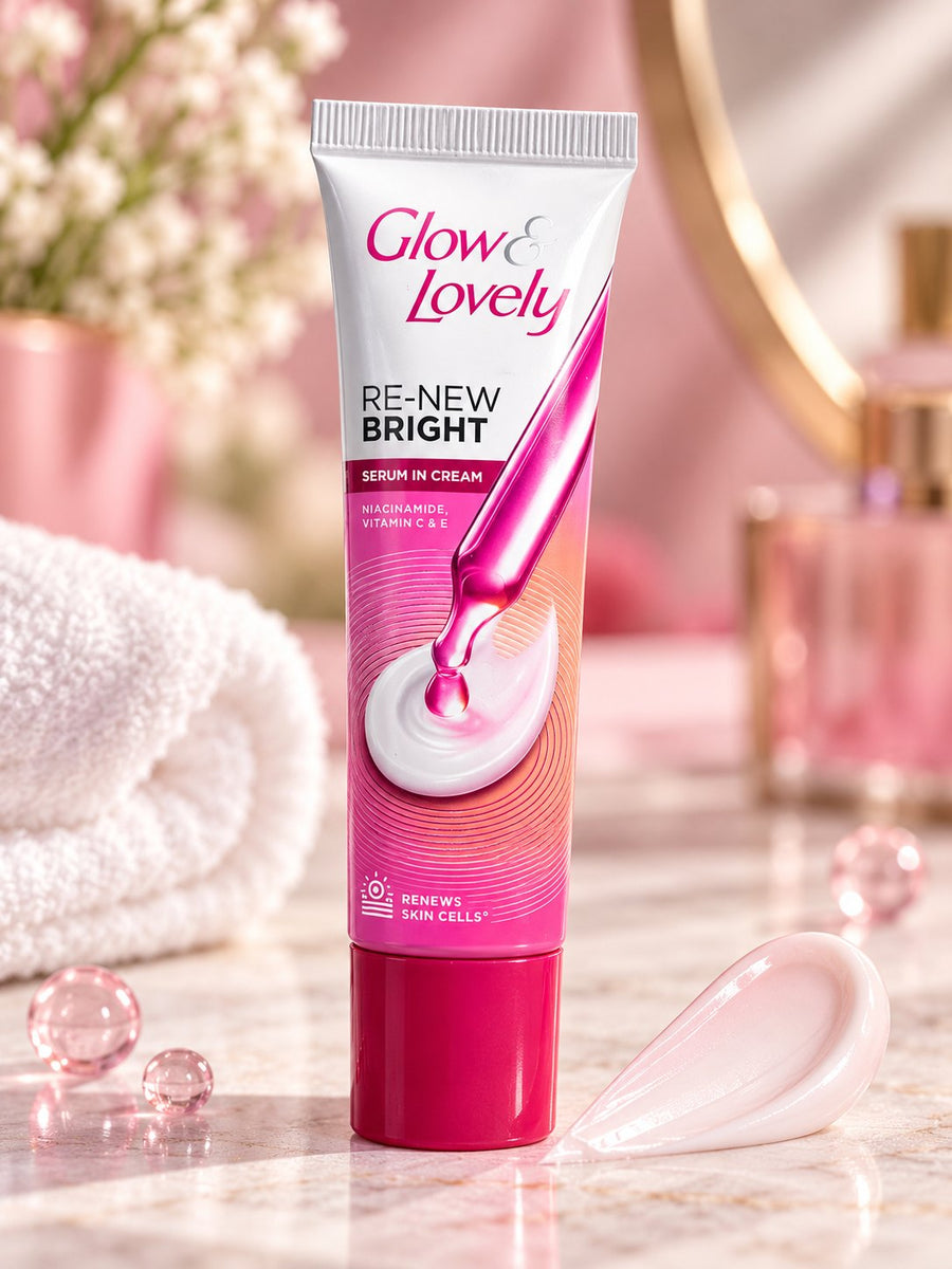 Glow & Lovely Re-New Bright Serum in Cream white and pink tube with pink cap