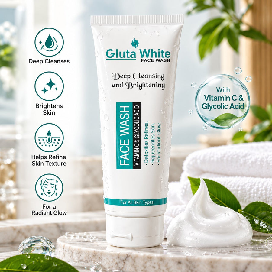 Gluta White Face Wash white tube with teal detailing and flip-top cap