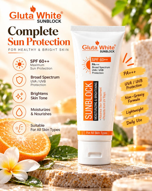 Gluta White Sunblock SPF 60++ PA+++ white tube with orange detailing