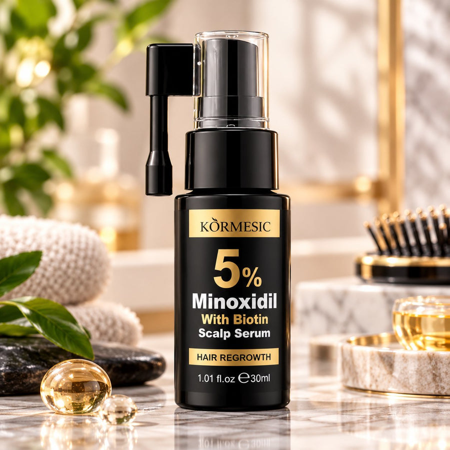 Kormesic 5% Minoxidil with Biotin Scalp Serum 30ml black and gold bottle