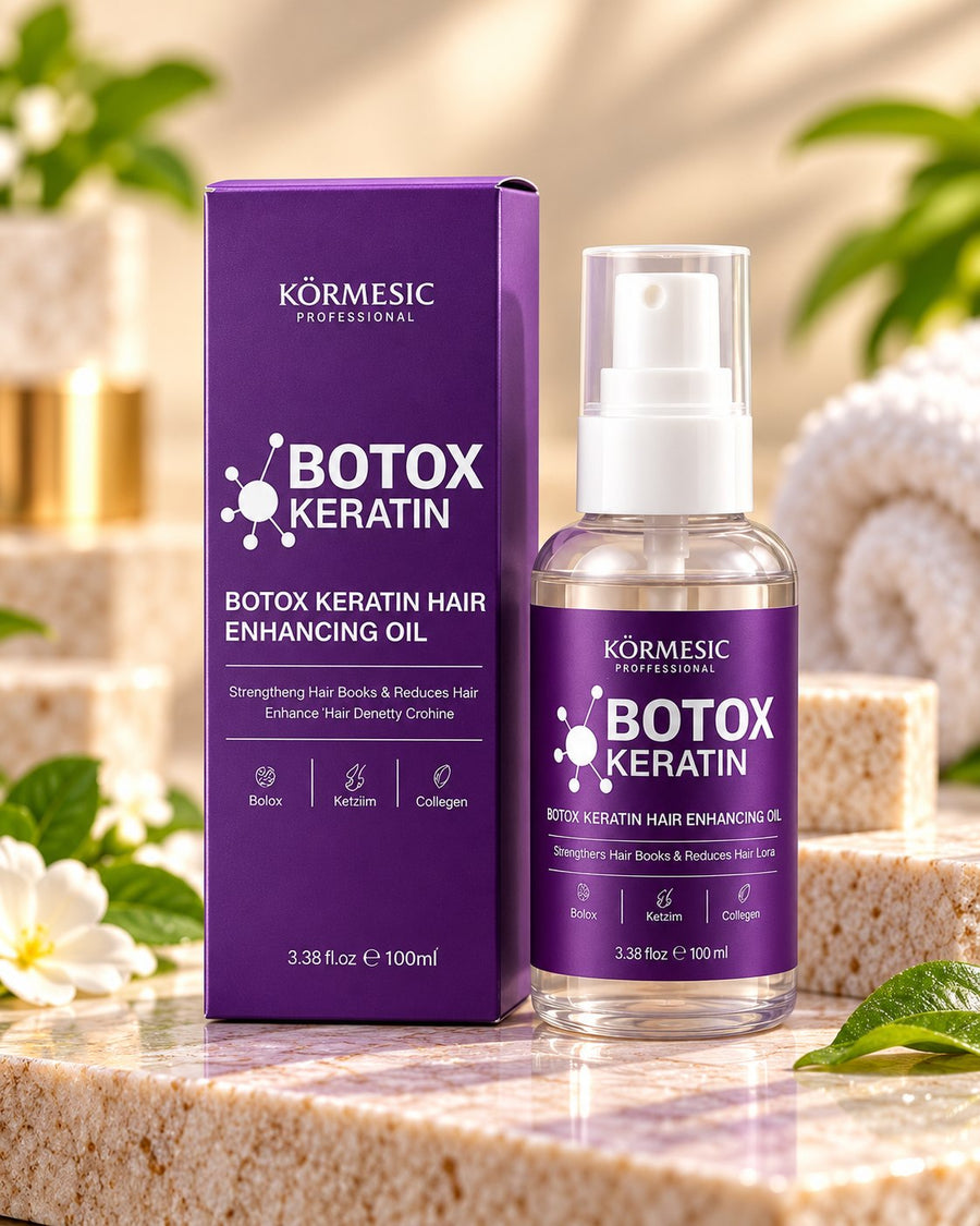 Kormesic Botox Keratin Hair Oil 100ml clear bottle and purple box