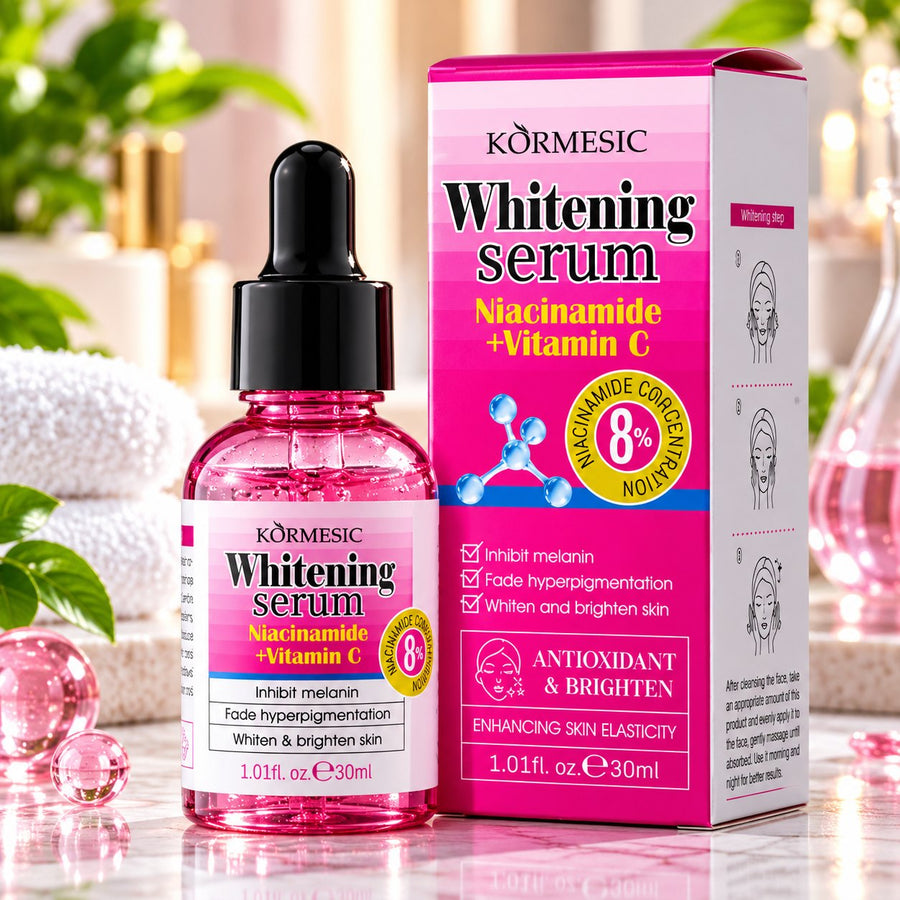 Kormesic Whitening Serum Niacinamide + Vitamin C 30ml pink dropper bottle and box