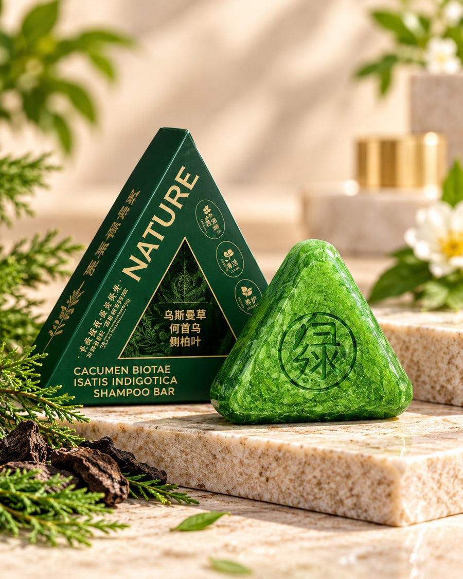 Nature green triangular herbal shampoo bar with dark-green box