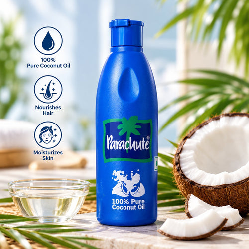 Parachute 100% Pure Coconut Oil blue bottle with flip-top cap