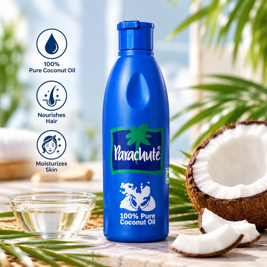 Parachute 100% Pure Coconut Oil blue bottle with flip-top cap
