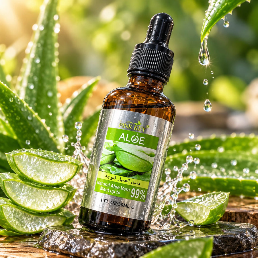 Pink Key Aloe Vera Serum 50ml amber-coloured bottle with black dropper and green label