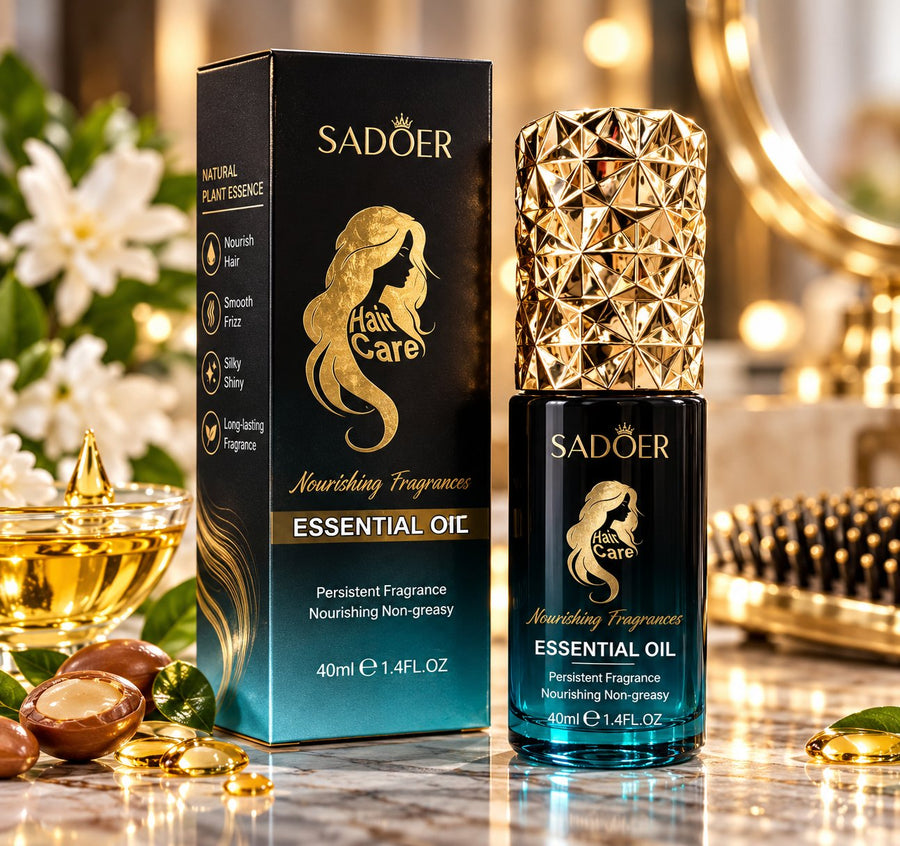 Sadoer Hair Care Essential Oil 40ml black-to-teal bottle with gold-coloured cap and box