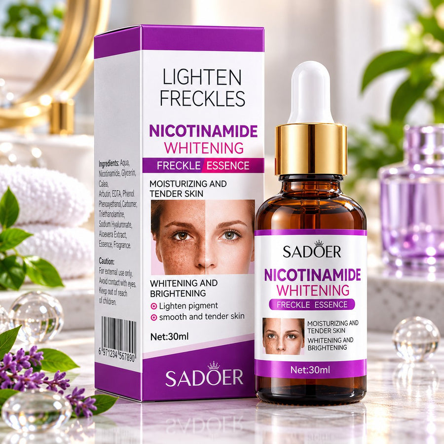 Sadoer Nicotinamide Whitening Freckle Essence 30ml amber dropper bottle and purple-and-white box
