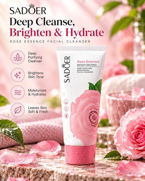Sadoer Rose Essence Facial Cleanser white tube with pink rose design and pink cap