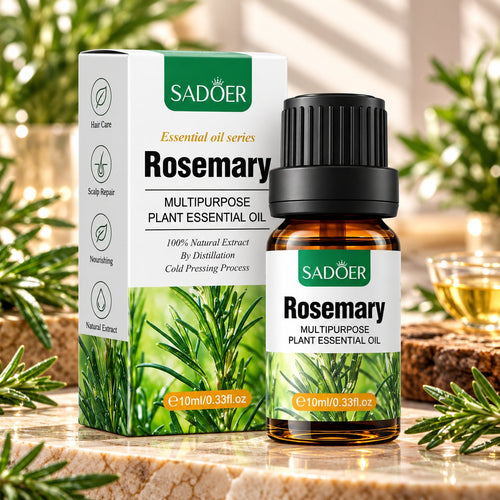 Sadoer Rosemary Essential Oil 10ml amber bottle with black cap and green-and-white box