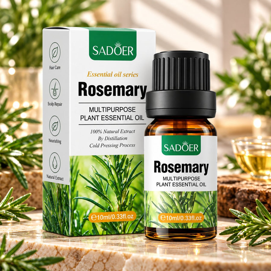 Sadoer Rosemary Essential Oil 10ml amber bottle with black cap and green-and-white box