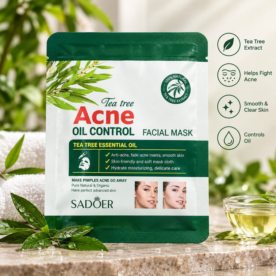 Sadoer Tea Tree Acne Oil Control Facial Mask green-and-white sachet