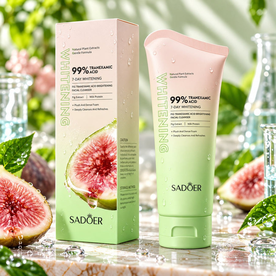 Sadoer Tranexamic Acid Fig Brightening Cleanser pink-to-green tube and matching box