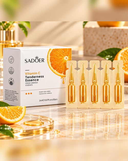 Sadoer Vitamin C Tenderness Essence golden-coloured ampoules and orange-themed box