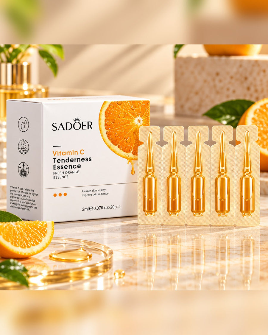 Sadoer Vitamin C Tenderness Essence golden-coloured ampoules and orange-themed box