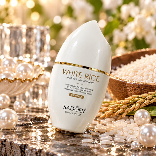 Sadoer White Rice Serum 50ml curved white bottle with gold-coloured trim