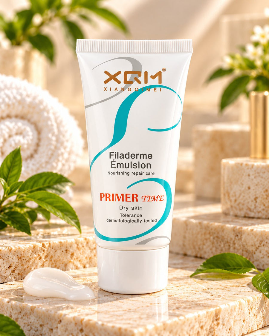 XQM Filaderme Emulsion Primer Time white tube with teal detailing and white cap