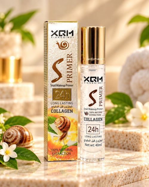 XQM Snail Makeup Primer with Collagen 40ml clear bottle with gold-coloured cap and box